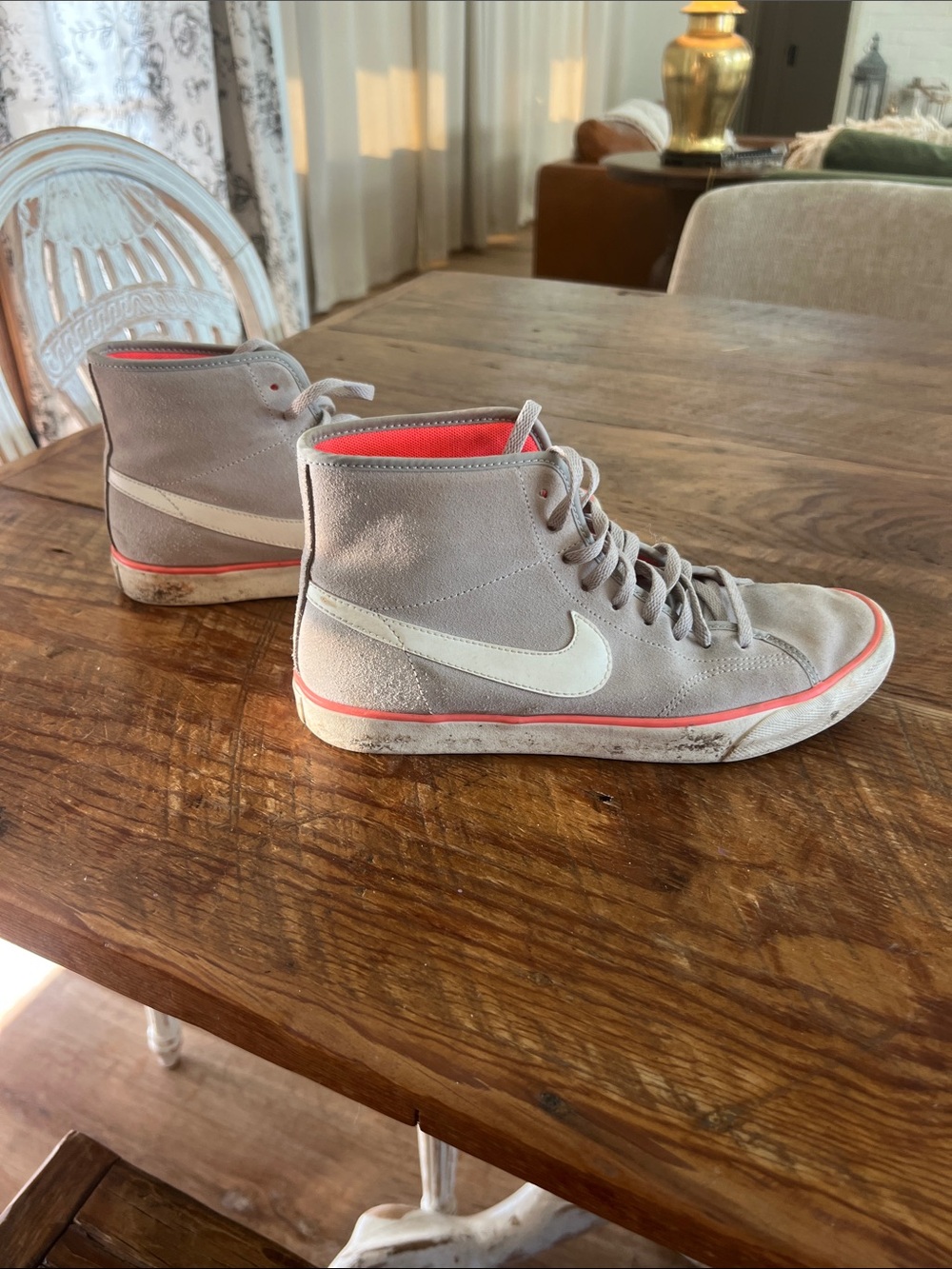 Nike Women's High-Top Suede Sneakers in Light Gray with Coral Accents